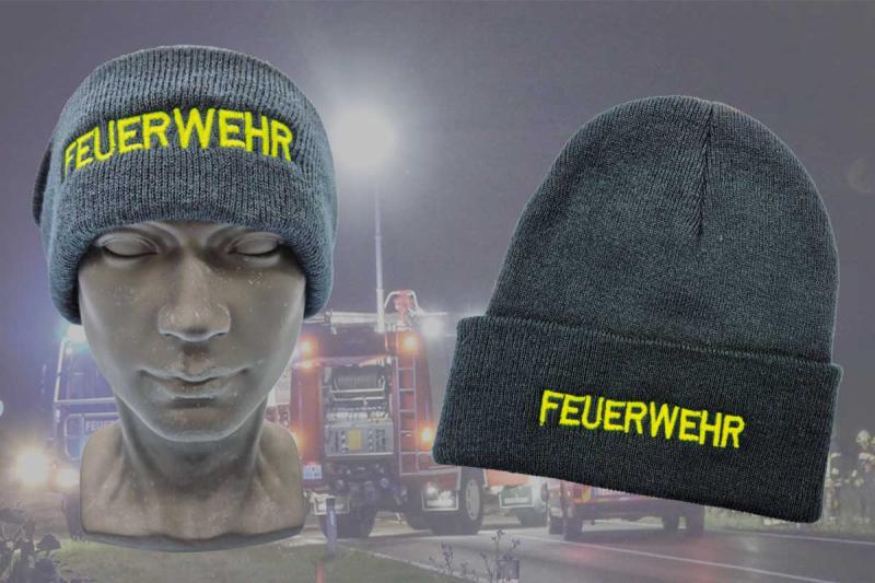 Haube mit Stick FEUERWEHR in Neongelb